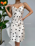 Heart Printed Draped Collar Satin Cami Nighty