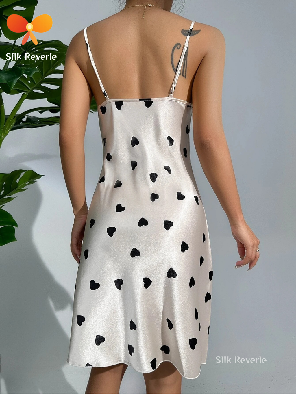 Heart Printed Draped Collar Satin Cami Nighty