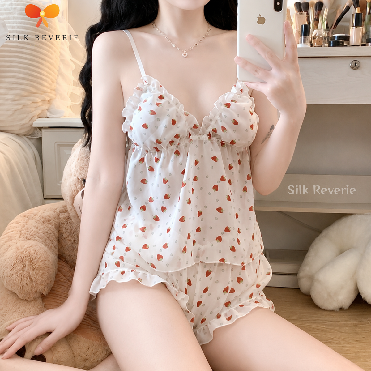 Cute Strawberry Printed Camisole And Shorts Set